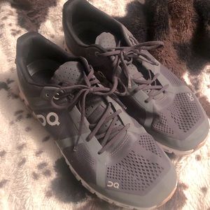 On Running Shoes- charcoal gray/white/pink.